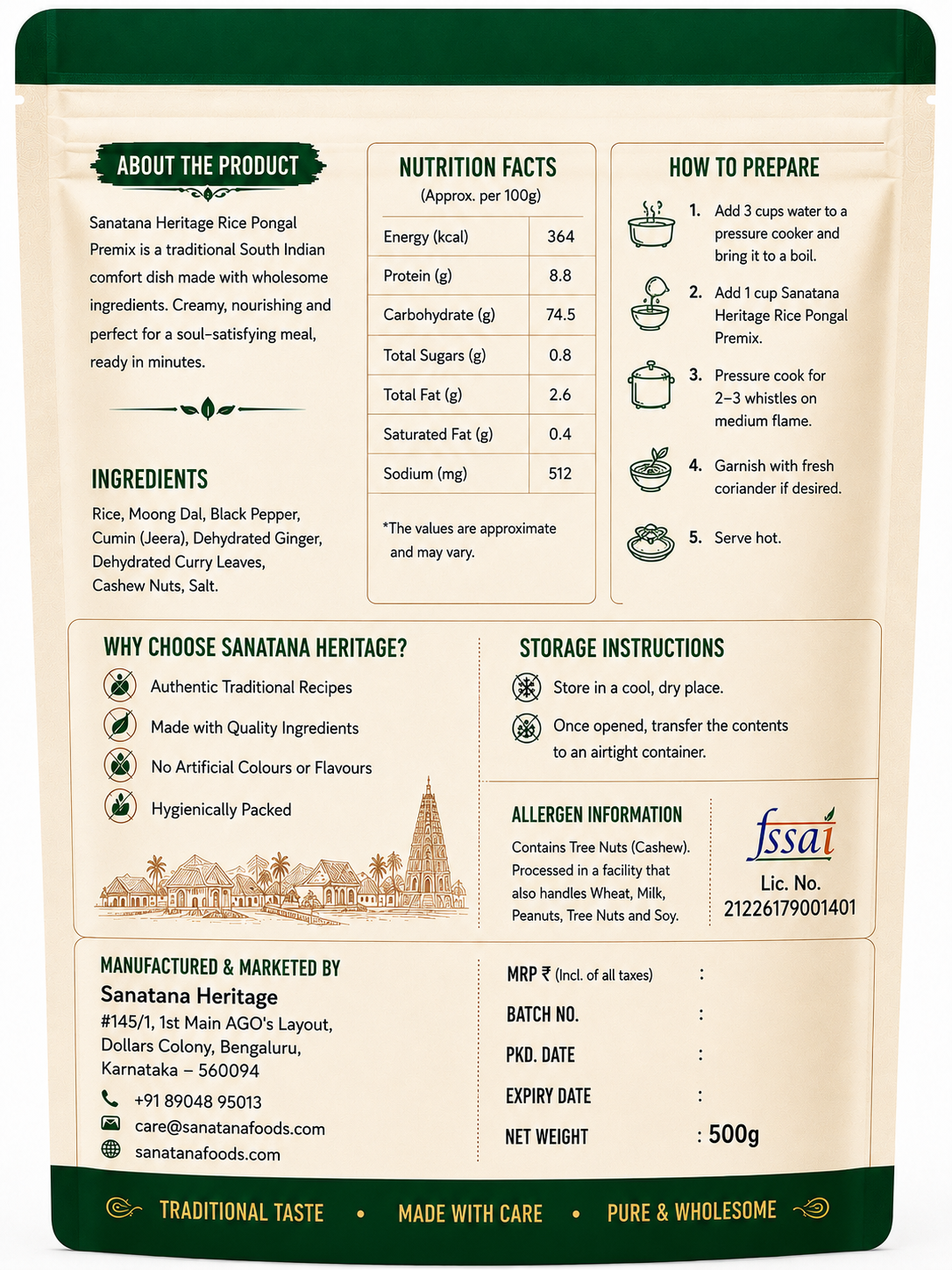Sanatana Heritage Rice Pongal Premix back label ingredients and preparation